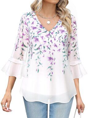 Women's Top Multi Violet Casual Ruffle 3/4 Sleeves V Neck Floral Chiffon Blouses